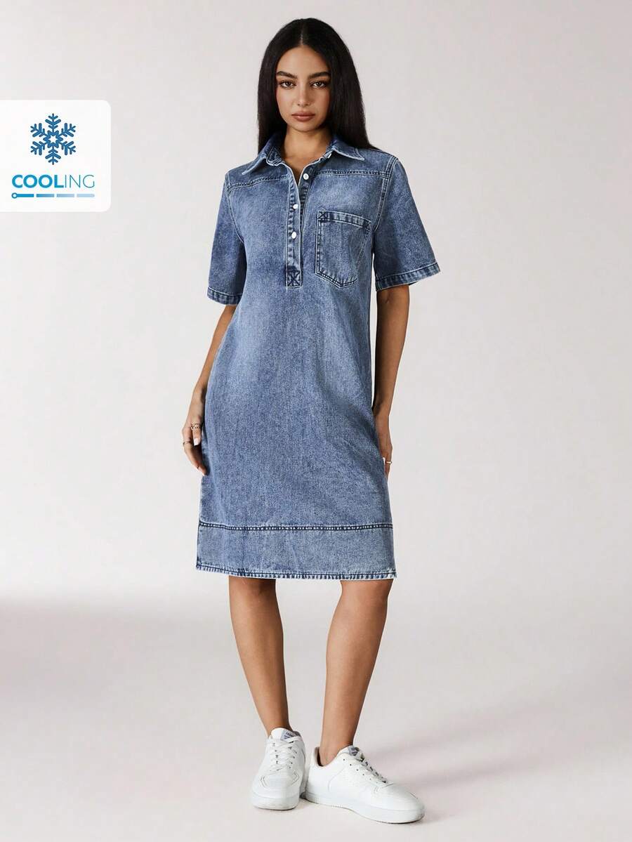 Flexra Women's Summer Polo Collar Short Sleeve Straight Loose Casual Denim Dress - Blue - View 1