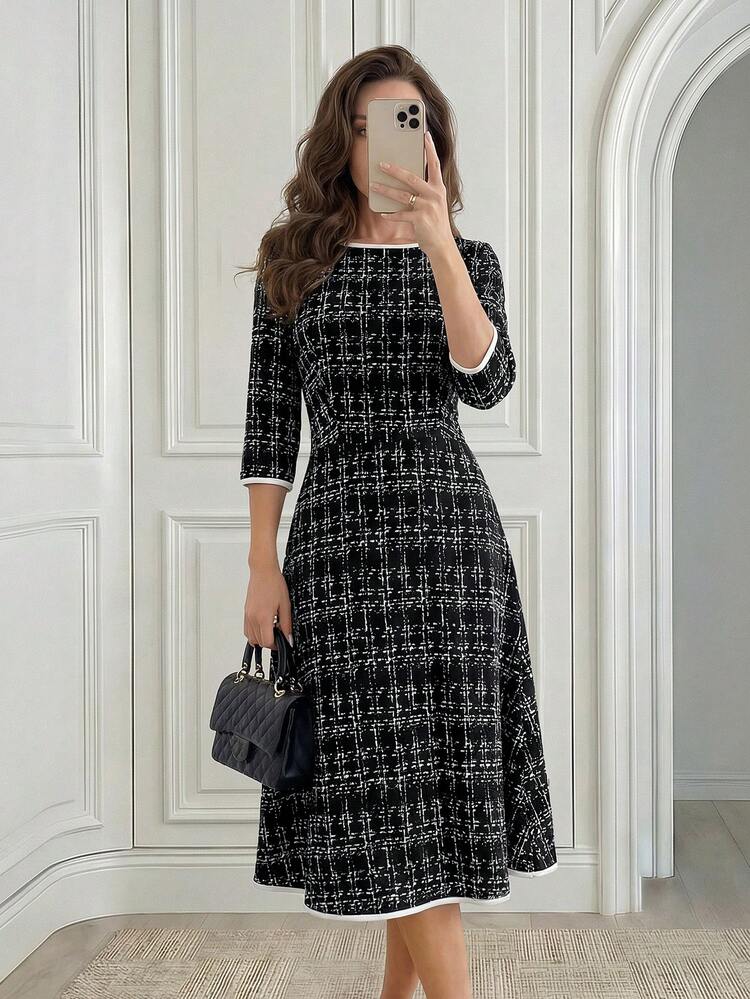 Women's Elegant Plaid Print Contrast Binding Waist Knee-Length Dress, Suitable For Work And Commute, Spring/Autumn Women Dresses Autumn Winter Elegant Dresses For Women Elegant Dresses Going Out Outfit