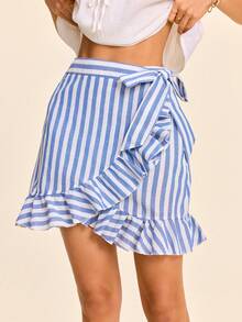 SHEIN VCAY Falda de rayas con nudo cruzado bajo fruncido - Azul y blanco - Ver 2