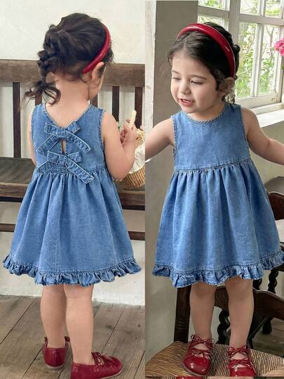 LMoss Kids Vestido suelto sin mangas con lazo decorativo y espalda descubierta de mezclilla azul para bebé niña