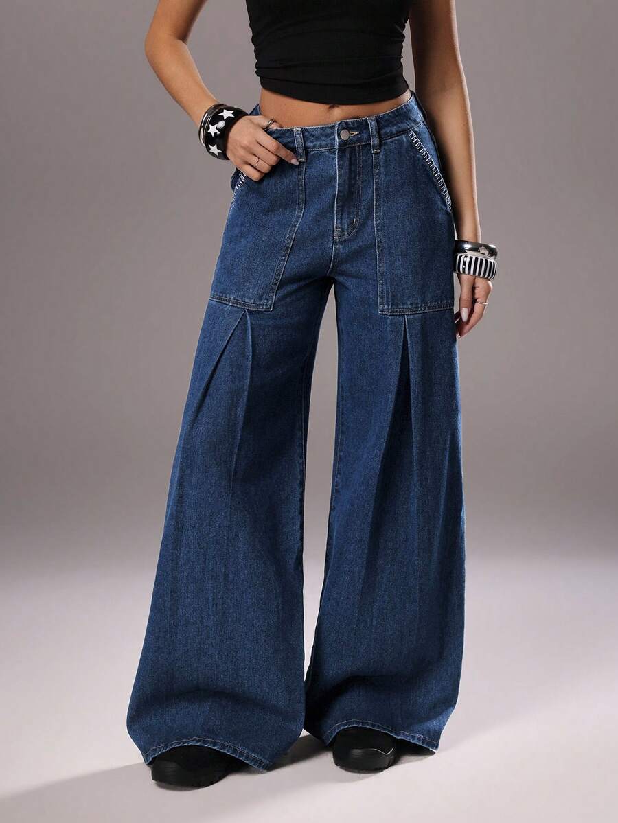 TRNVIE Women's Pocketed Button Pleated Casual Versatile Daily Wear Wide Leg Jeans - Medium Wash - View 1