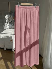Comfortcana 夏季纯色褶皱纹理面料宽松抽绳腰带休闲度假阔腿裤，大码 - 淺粉色 - 查看 2
