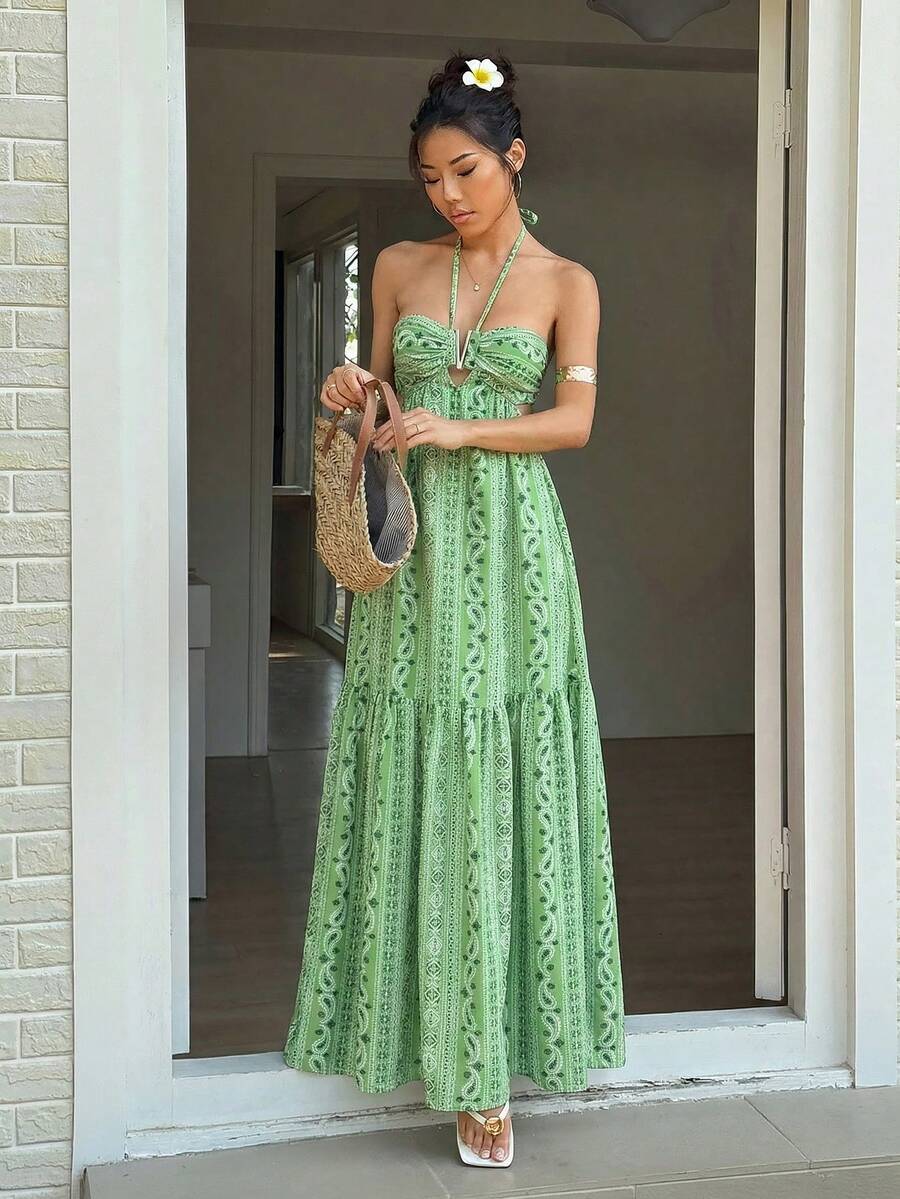 Sunnyshic Graphic Print Ruffle Hem Halter Casual Dress - Green - View 1