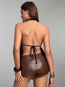 ROMWE Spring/Summer Y2K Sexy Tie-Up Button Design Women Halter Top - Black - View 5
