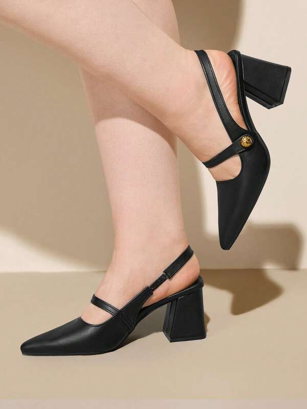 CUCCOO CURVES Women Shoes Wide Fit Pointed Thick High Heel Black Strap Stylish And Comfortable Daily Commuter Versatile Fattened Women's High Heel Shoes Plus Size