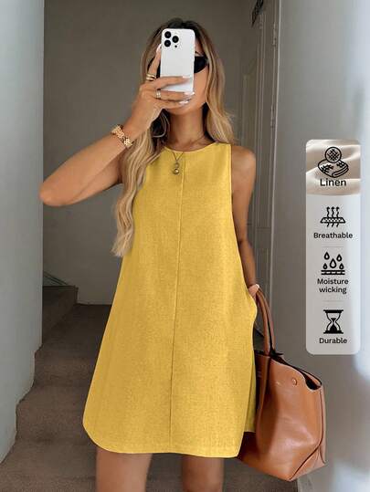 Easowa Vestido informal de lino sin mangas con corte evasé y bolsillos acolchados, conjunto elegante de vacaciones con estilo "Old Money" para mujer