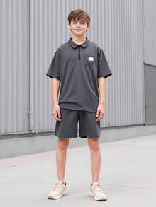 SHEIN 2件套青少年男童宽松纯色翻领短袖polo衫和短裤套装，休闲装，适合通勤、上学、日常、运动，春夏皆宜 - 灰色 - 查看 6