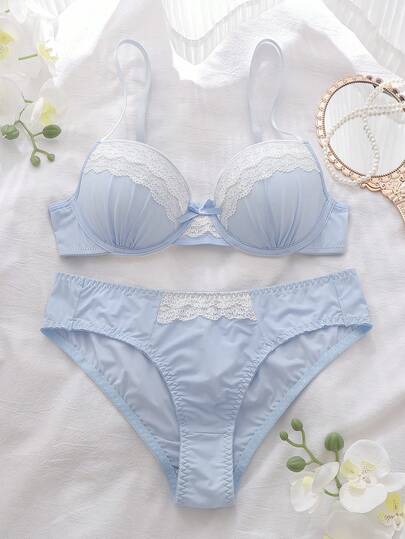 2pcs Set Lace & Mesh Patchwork Bra & Panty Set, High Support, Lift & Gather, Cute & Charming Women's Lingerie