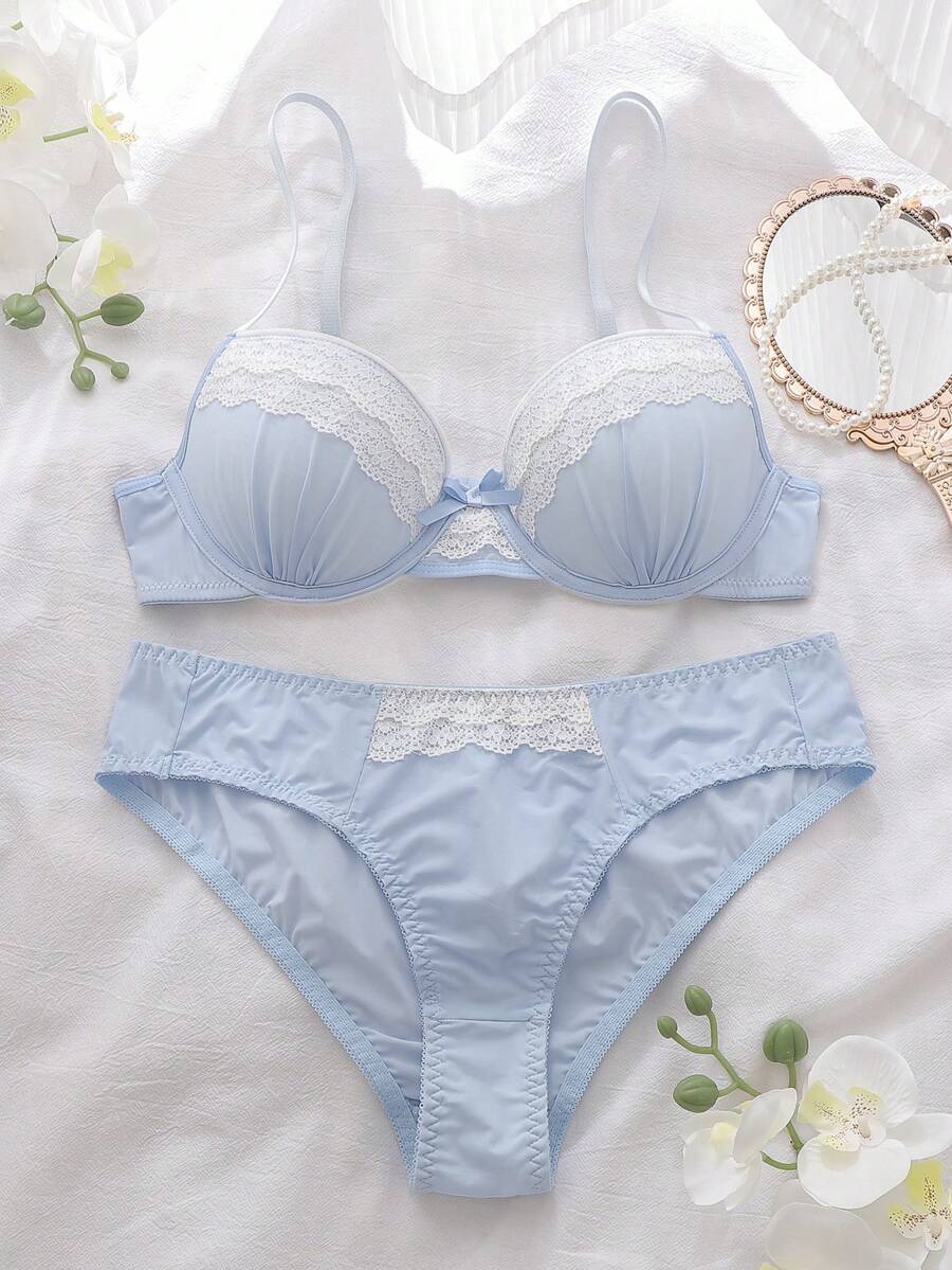 DelicateAllure 蕾丝网纱拼接文胸内裤套装，高支撑，提拉聚拢，可爱迷人女士内衣 - 藍色 - 查看 1
