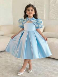 SHEIN 年轻女孩修身优雅镂空腰部A字连衣裙，配立领 - 藍色 - 查看 5