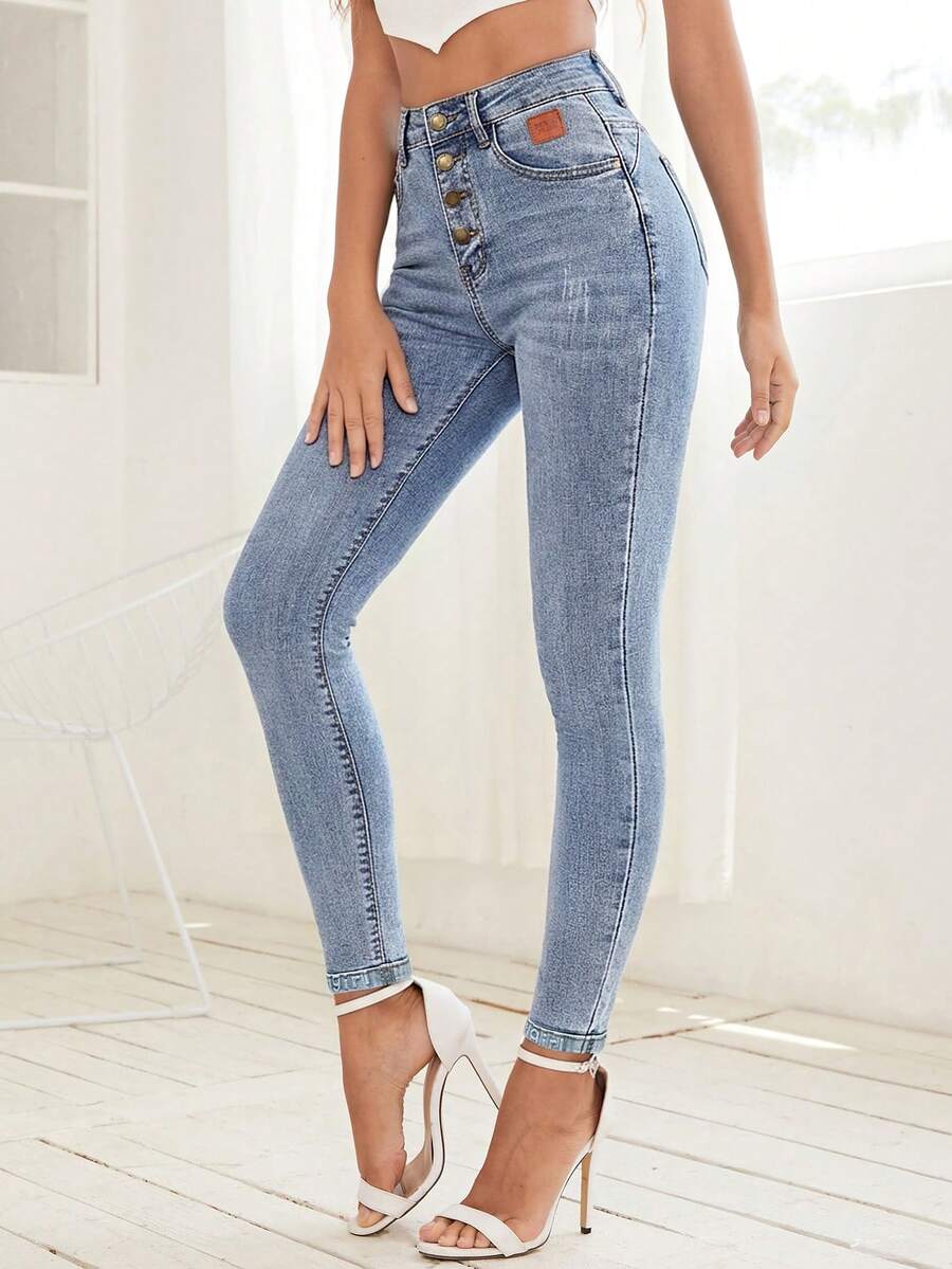 SHEIN Frenchy Quần jean denim nữ kiểu dáng thường ngày, có túi và cúc - Rửa nhẹ - Xem 1