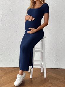 SHEIN 孕妇纯色方领短袖罗纹侧开衩修身休闲连衣裙 - 藏蓝色 - 查看 4