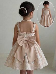 SHEIN Young Girl Sweet & Cute Jacquard Sleeveless Princess Dress - Khaki - View 1