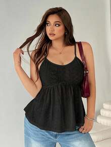 SHEIN EZwear Áo hai dây màu đen xếp nếp viền ren dành cho nữ cỡ lớn - màu đen - Xem 5