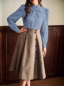 Vintamour 复古优雅女士衬衫，荷叶边领口和褶皱细节设计，长袖休闲工作装，适合秋季返校季、冬季办公室穿着，也可作为生日礼物。 - 藍色 - 查看 7