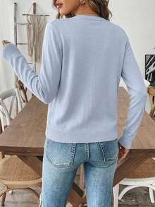 Áo khoác cardigan dài tay ôm sát màu trơn cài nút phía trước thanh lịch dành cho nữ - Màu xanh nhạt - Xem 2