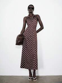 Lumivelle Women's Sleeveless Polka Dot Belted Dress With Mandarin Collar And Open Front - Dark Brown - View 1