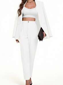 Aveloria Modichic Blazers de manga larga de unicolor con bolsillos - Blanco - Ver 6