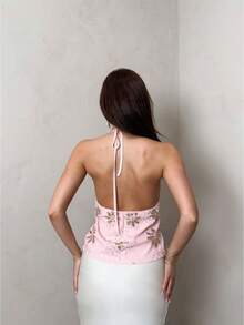 SHEIN Glamour Women's Summer Vacation Sequin Floral Embroidery Halter Backless Blouse - Pink - View 1