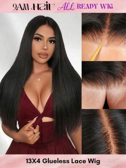 ALL READY WIG Pre Bleached Pre Plucked Pre Cut Lace Melting Lace 13x4 Glueless Front Wigs 100% Human Hair Straight 180 Density With Baby Hair Natural Hairline Human Hair Wigs For Women