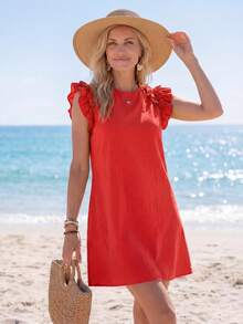 EMERY ROSE Holiday Woven Solid Color Ruffle Trim Decorated Mini Dress For Women - Red - View 4