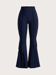 SHEIN Tall CURVE 加大码高个女式荷叶边弹力喇叭裤 - 藏蓝色 - 查看 5