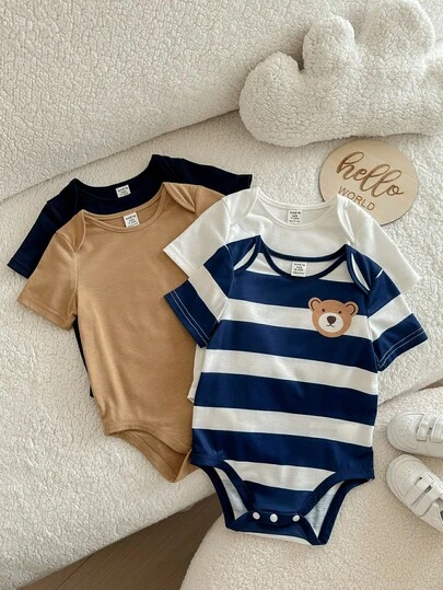 新生男宝宝可爱夏季针织条纹卡通图案连体衣，多色