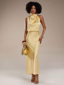 Normani Elegant Modest Asymmetric Sleeveless Pale Yellow Dress Minimalist Formal Gown For Party Date Night Cocktail Wedding Birthday Satin Long Summer Wedding - Light Yellow - View 3