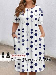 SHEIN CURVE+ 大码女式几何印花圆领休闲短袖连衣裙，适合夏季穿着 - 黑色 - 查看 1