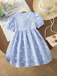 SHEIN Genkimix Kids 1pc Young Girl Daisy Pattern Gingham Cotton Texture Fabric Puff Sleeve Front Bow Knot Dress, Spring To Summer - Blue - View 2