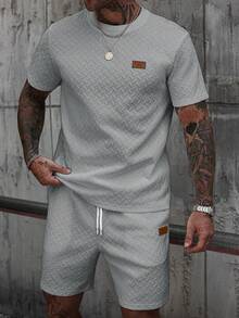 Manfinity CasualCool Men's V-Neck Ribbed T-Shirt + Drawstring Shorts Set - Grey - View 4