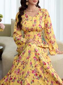 Al Najma Đầm dài tay buộc dây in hoa toàn thân kiểu Ả Rập, kiểu dáng maxi Kaftan Jalabiya dáng chữ A thanh lịch, thích hợp cho tiệc tối/đám cưới/kỷ niệm. - Màu vàng - Xem 3