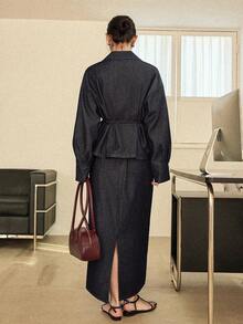Dazy-Less Women's Solid Color Lapel Collar Long Sleeve Fashionable Versatile Denim Suit Business Casual Woman - Blue - View 6