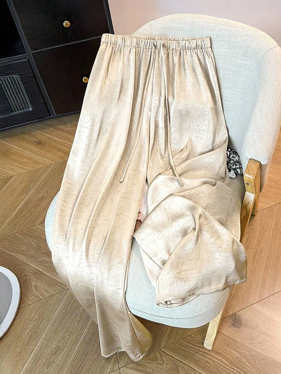 SHEIN Tall CURVE 大码女式宽松舒适阔腿裤,专为高挑丰满身材设计,采用醋酸纤维面料制成。 - 杏色 - 查看 1