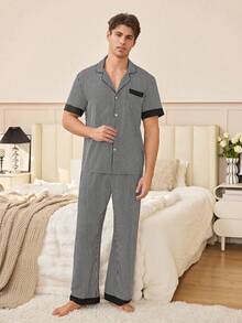 SHEIN Black & White Striped Contrast Trim Short Sleeve & Pants Men's Pajama Set - Black - View 2