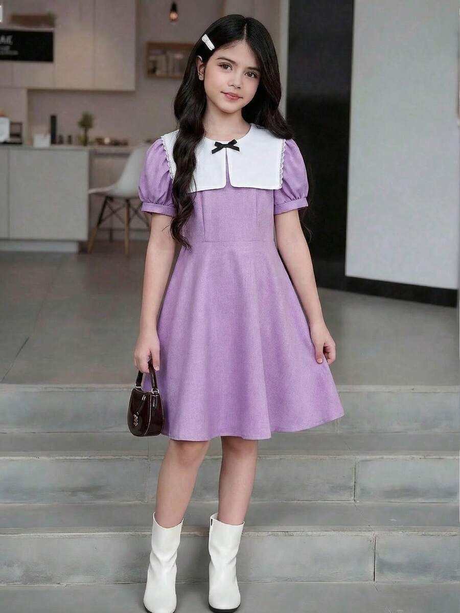 Elladie kids 少女可爱翻领白色连衣裙,黑色蝴蝶结装饰,休闲灰色连衣裙 - 紫色 - 查看 1