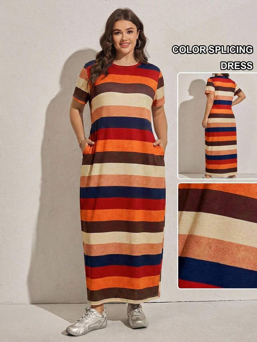 SHEIN LUNE 大码女式豹纹中长连衣裙,夏季休闲长款连衣裙,条纹连衣裙,休闲长裙,沙滩长裙,波西米亚风连衣裙,音乐节连衣裙,休闲连衣裙,夏季连衣裙,女装,长款休闲连衣裙,休闲连衣裙,夏季连衣裙,撞色拼接连衣裙,条纹长款连衣裙 - 橘色 - 查看 1