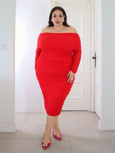 Pretty and Ole Plus Size Women's Solid Color Off Shoulder Long Sleeve Pleated Slim Fit Elegant Dress