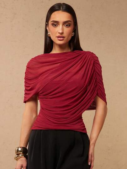 Silquee This Simple Red Top Features A Shawl Collar And Mesh Ruching, Offering Comfort And Versatility For Everyday Wear. It's Perfect For Romantic Dates, Beach Vacations, Weddings, Valentine's Day, And More, Exuding Elegance And Sexiness. Ideal For Brunch, Wedding Guests, Formal Social Events, Or Everyday Summer Wear, It's A Great Choice. Furthermore, It's Suitable For Wedding Parties, Birthday Parties, And Various Other Occasions. Perfect For Vacations, Parties, Gatherings, Bachelor/Bachelorette