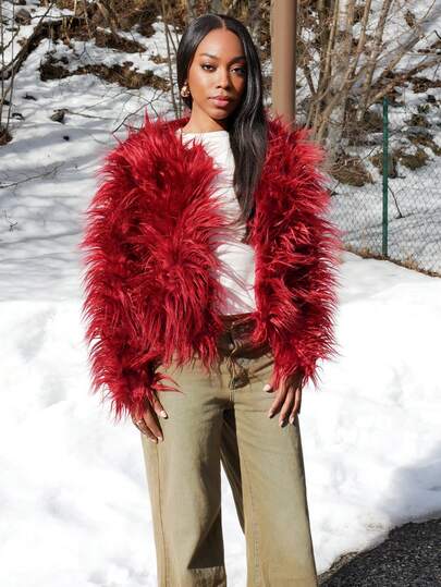 Yess Loren Solid Color Luxurious Long Sleeve Fluffy Coat For Winter