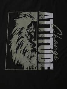 Coolqubz 2pcs/Set Teens' Loose Fit Round Neck Stylish Lion Graphic Pullover & Straight Leg Casual Pants Set,Unisex - Black - View 3