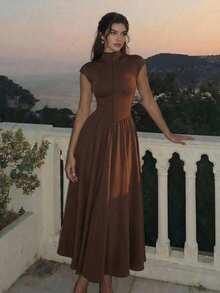 SHEIN MOD Women's Brown High Neck Long Knit Dress,Valentine's Day,Wedding,Elegant Dresses,White Dress,Wedding Guest Dress For Women, Spring/Summer Outfits, Tea Party Outfit Women, Holidays, Birthday - Brown - View 1