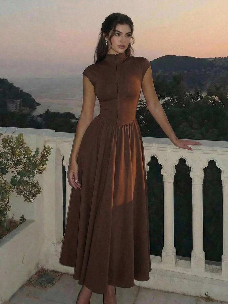 SHEIN MOD Women's Brown High Neck Long Knit Dress,Valentine's Day,Wedding,Elegant Dresses,White Dress,Wedding Guest Dress For Women, Spring/Summer Outfits, Tea Party Outfit Women, Holidays, Birthday - Brown - View 1