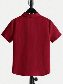 SHEIN Teen Boy Casual Solid Color Turndown Collar Short Sleeve Shirt Summer Y2k Vacation Goth Gothic Streetwear Sumwon Burgundy Holiday Vintage Boho Festival Mardi Gras Party Cute Birthday Boys Modest Home Casual Cozy - Red - View 3
