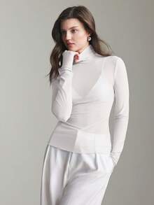 Ontre 斯德哥尔摩风格，女教师套装，秋季服装，高领针织衫，优雅秋冬衬衫，网纱长袖衬衫，商务休闲女式基础款上衣 - 白色 - 查看 3