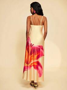Travachic Vestido camisola feminino elegante com estampa floral e detalhe torcido, ideal para férias, vestido longo de festa, perfeito para o verão, vestido de verão, looks de verão, vestidos de verão femininos, looks de praia femininos, vestido amarelo, vestidos elegantes femininos, vestido longo elegante, vestido para festa de casamento, casamentos e eventos, vestido de madrinha, looks de férias femininos - Multicolorido - Ver 3