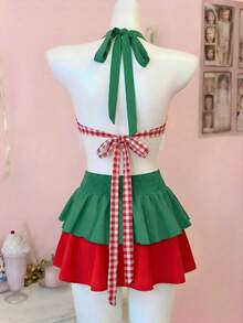 Sweetra 大码露背系带蝴蝶结荷叶边装饰西瓜红甜美性感上衣 + 松紧腰不规则下摆双层蛋糕裙撞色A字迷你裙度假甜美可爱约会沙滩派对两件套女装 - 彩色 - 查看 2