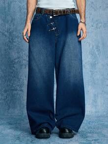 ROMWE MEN Street Life 男士休闲时尚街头日常通勤不对称腰带水洗宽松阔腿牛仔裤（不含腰带） - 藍色 - 查看 5