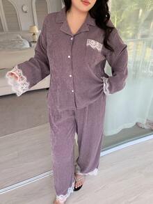 Dazy Plus 2pcs Elegant Purple Contrast Lace Loose Long Sleeve Top And Long Pants Pajama Set, Spring/Summer - Purple - View 5