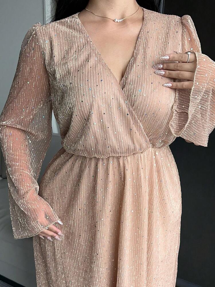 Dazy Plus Elegant Sequin V-Neck Flare Sleeve Cinched Waist A-Line Dress, Spring/Summer Sundress